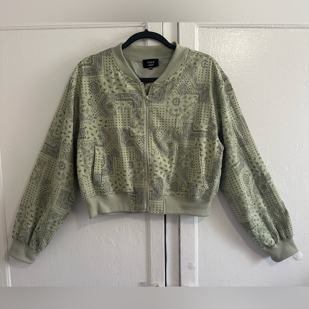 Vici Sage Green Patterned Bomber Jacket